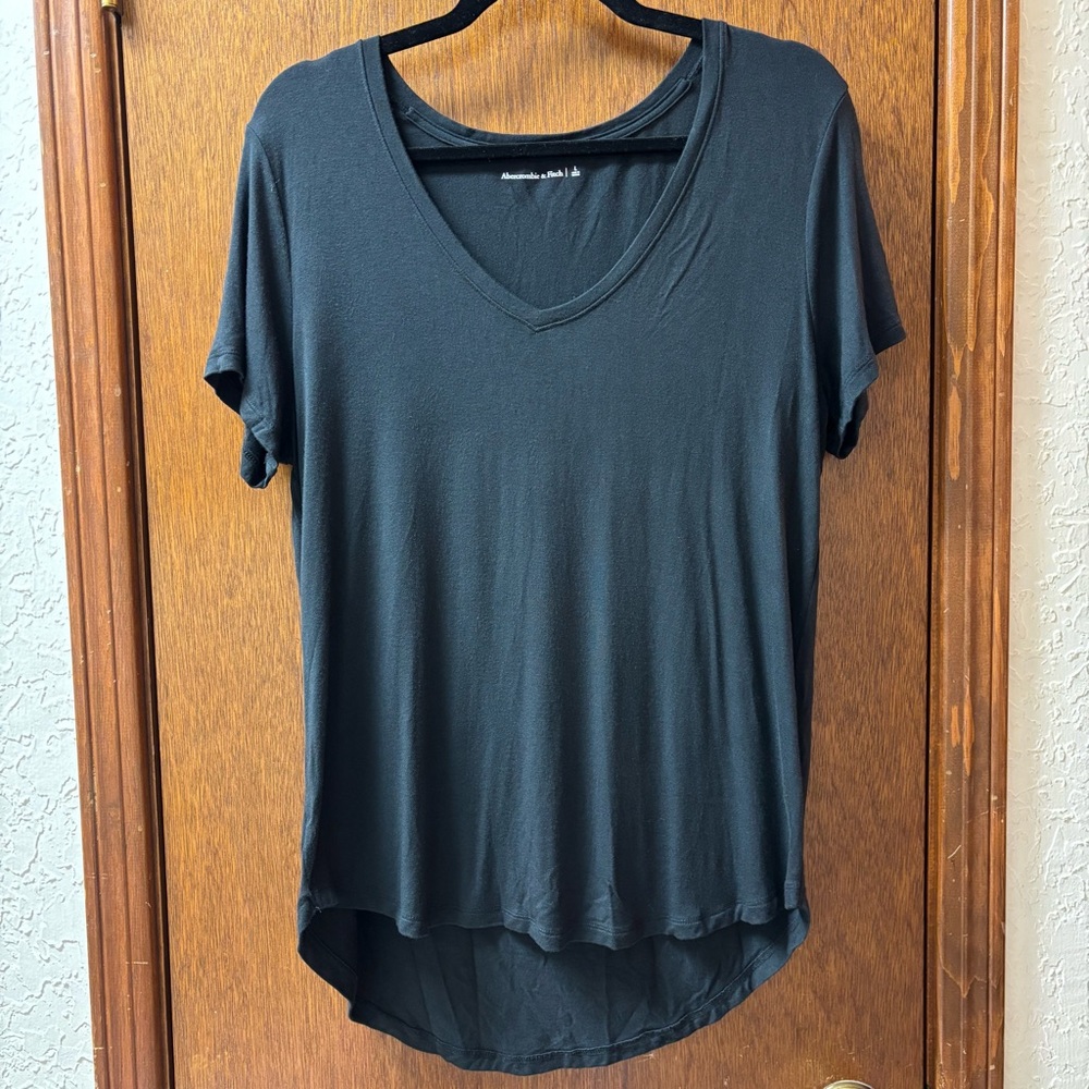 Women Abercrombie & Fitch A&F AF V Neck Short Sleeve Top T-shirt Tee Black Large